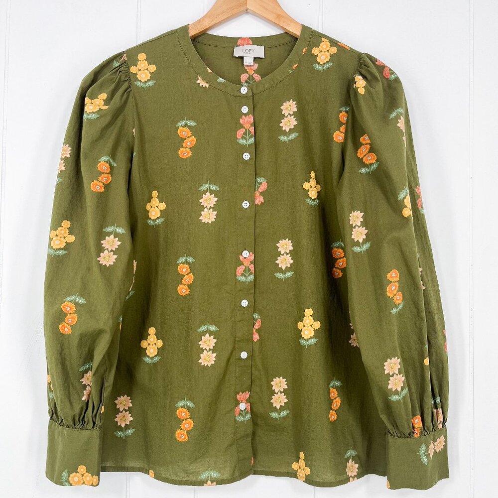 Loft Outlet Floral Button Down Blouse Balloon Sleeve Fall Boho Size Medium Green - Picture 15 of 15